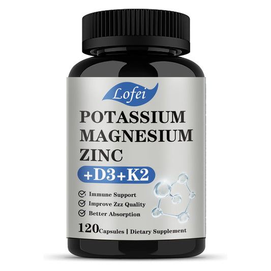 Potassium Magnesium Zinc supplement bottle with Vitamin D3 and K2