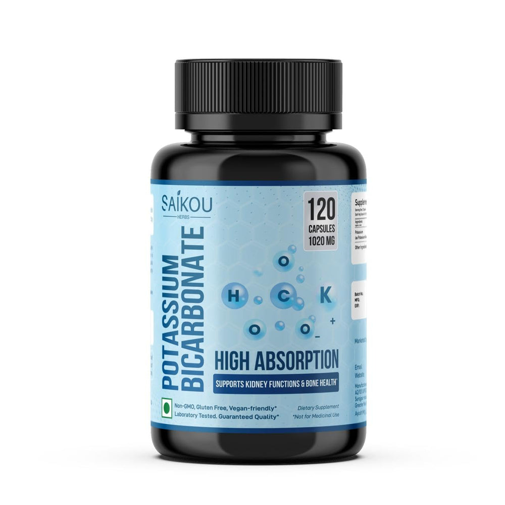 Potassium supplement bottle labeled 1020mg high absorption potassium bicarbonate, 120 capsules