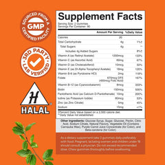 Close-up of assorted adult multivitamin gummies in a clear bottle