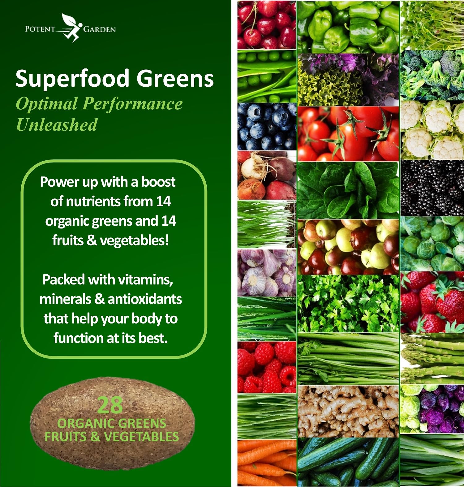 Close-up of Potent Garden Superfood Greens 60-count tablets bottle