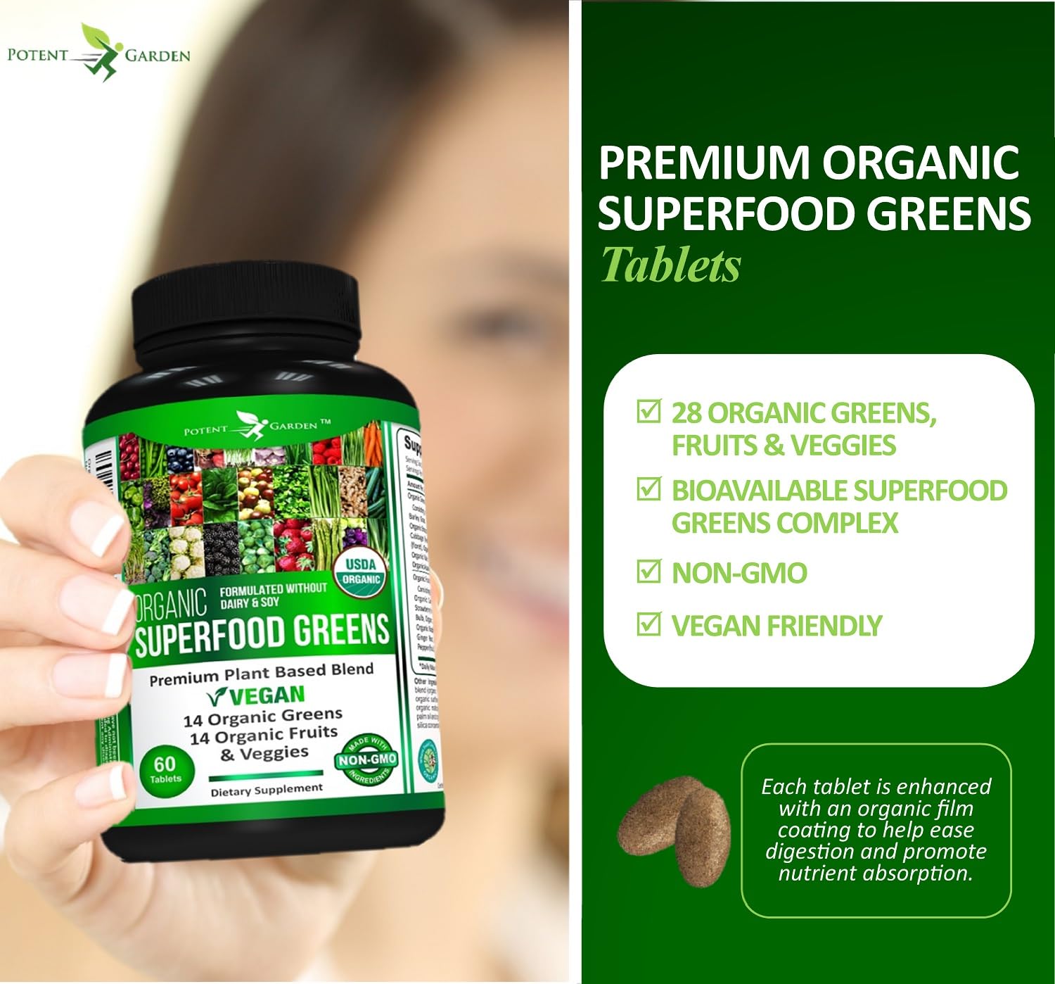 Greens blend featuring spirulina, kale, broccoli and spinach