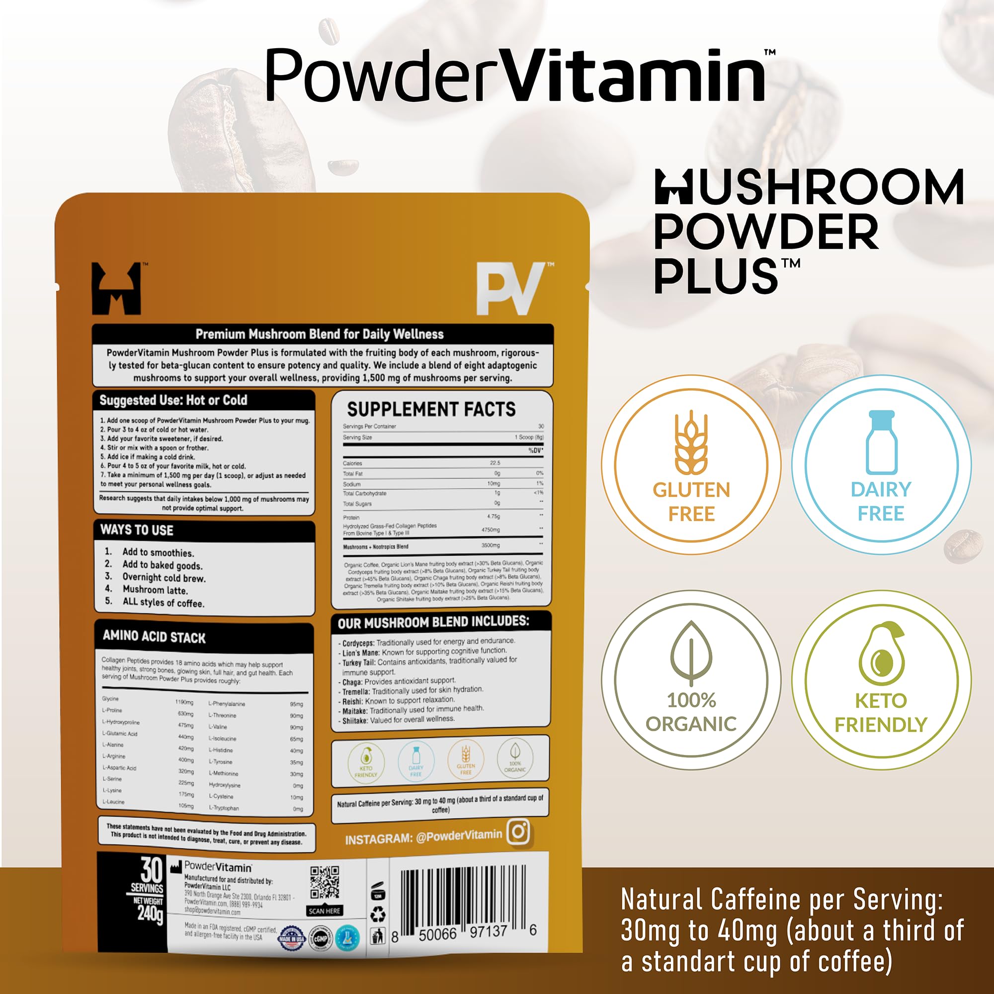 Assorted medicinal mushrooms used in PowderVitamin blend (Chaga, Reishi, Shiitake, Maitake, Tremella)