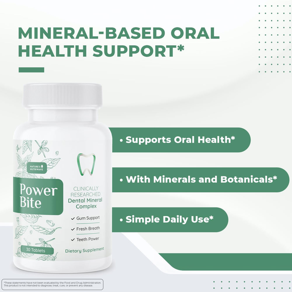 Close-up of a Power Bite tablet showing minerals and herbal blend (calcium, xylitol, myrrh, clove oil)