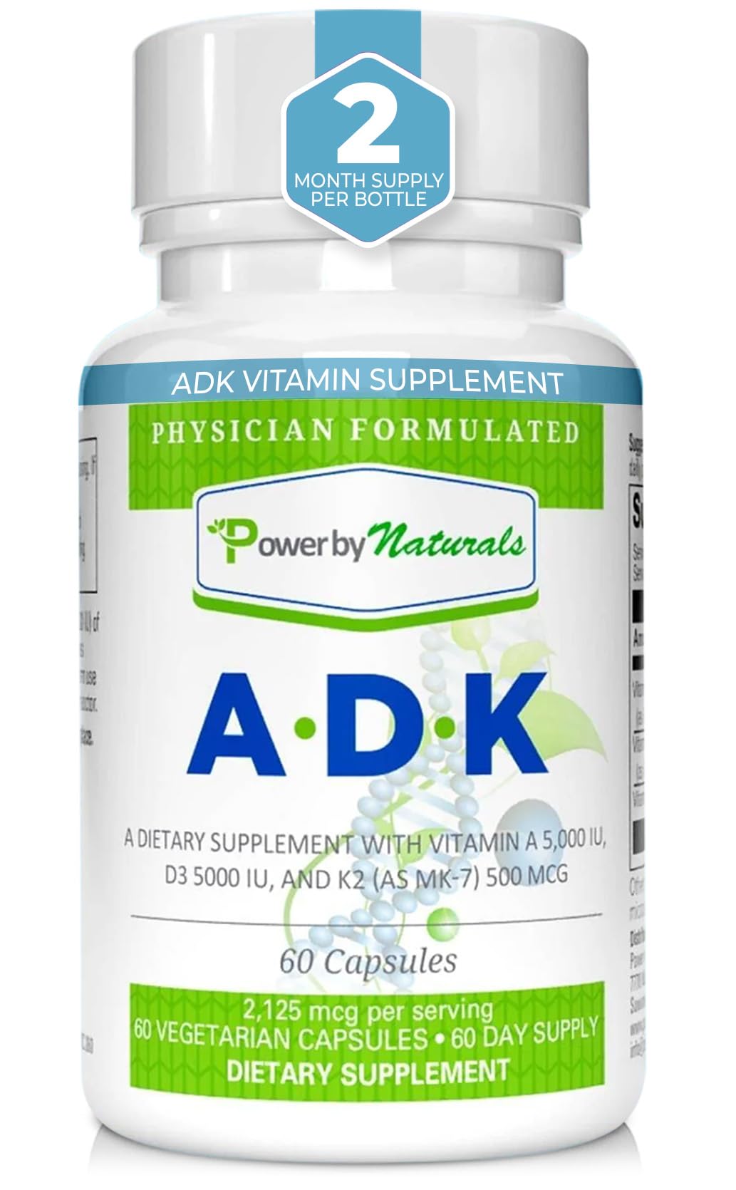 Front view of Power By Naturals ADK vitamin bottle
