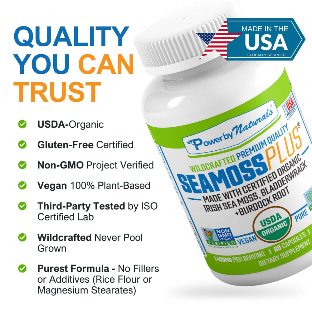 Power By Naturals Sea Moss Plus third party tested seal visible