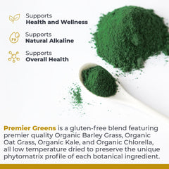 Power greens blend featuring kale, chlorella, barley grass and oat grass