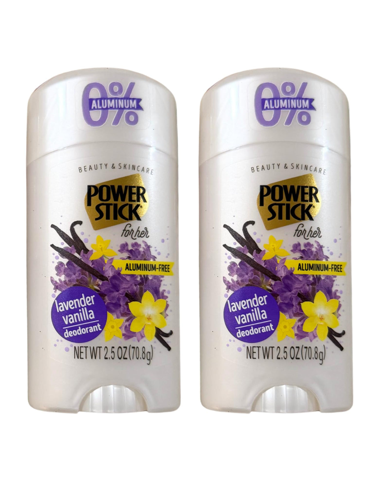 Power Stick Lavender Vanilla deodorant bottle showing aluminum-free protection for daily wear.