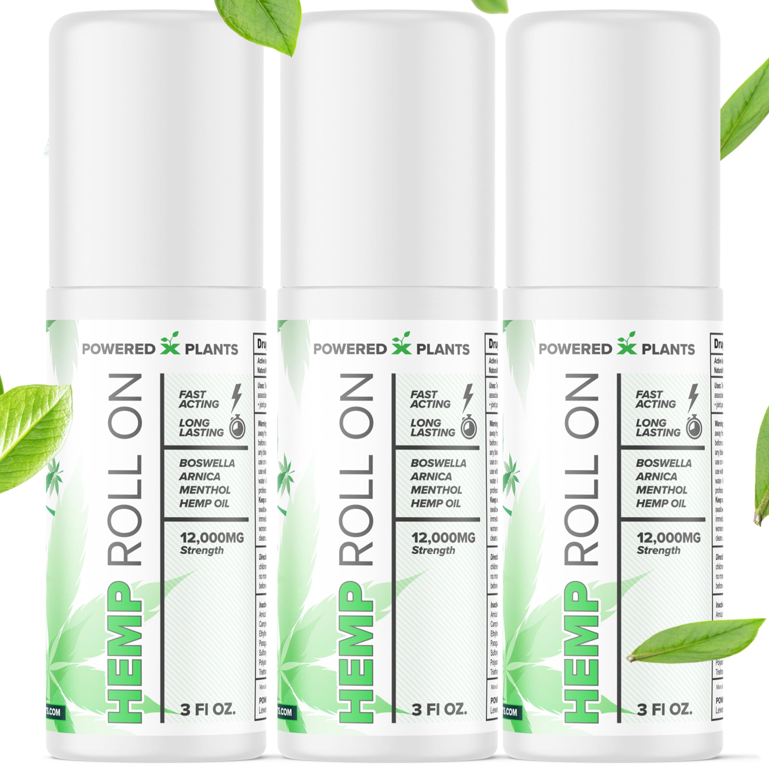 Powered X Plants hemp oil roll-on bottle with Menthol, Boswellia and Arnica, 12,000mg, 3oz