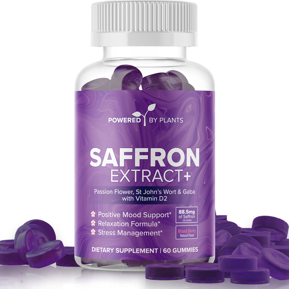 POWERED X PLANTS Saffron Gummies bottle with passionflower and vitamin D2 label