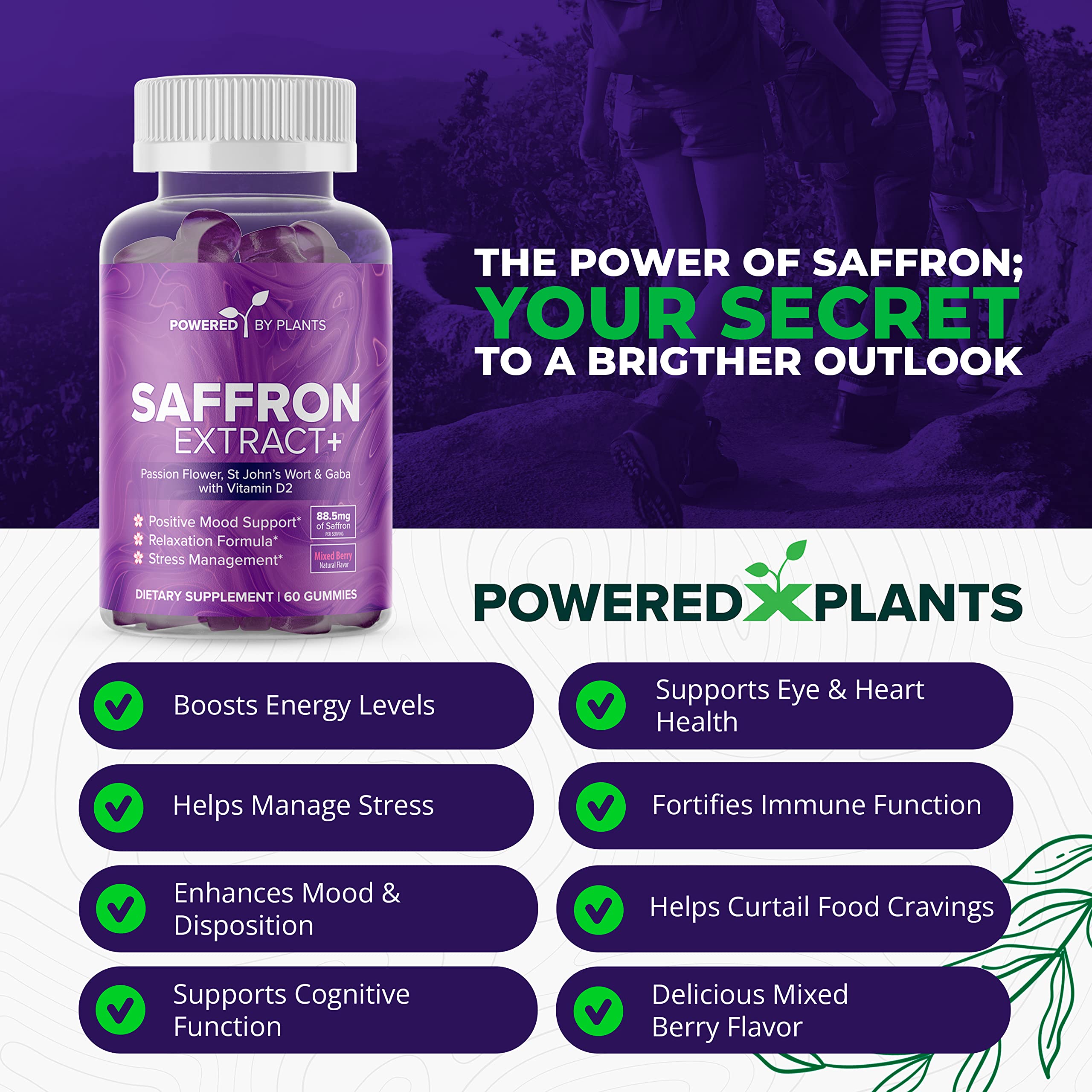 Gummy bottle beside ingredients like saffron, passionflower, and vitamin D2