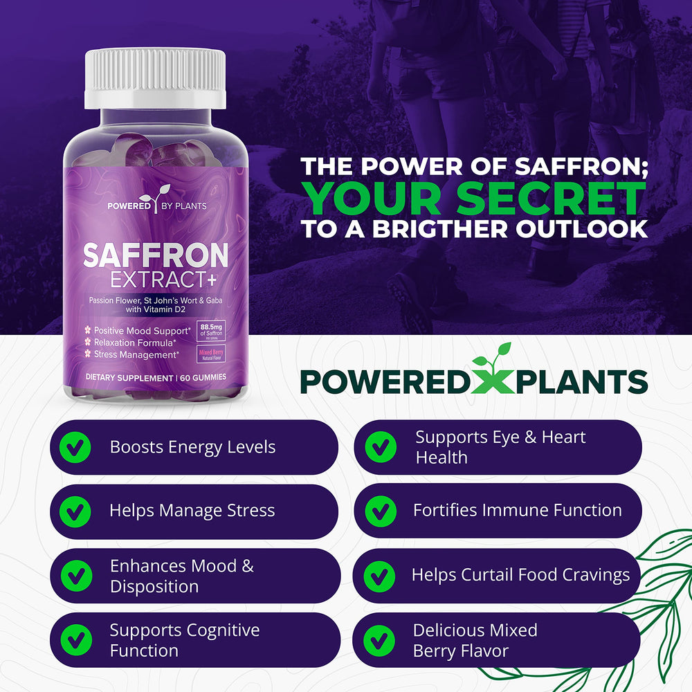 Gummy bottle beside ingredients like saffron, passionflower, and vitamin D2