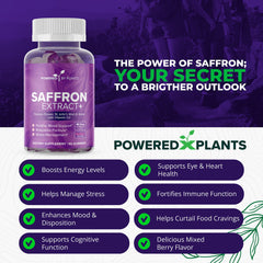 Gummy bottle beside ingredients like saffron, passionflower, and vitamin D2