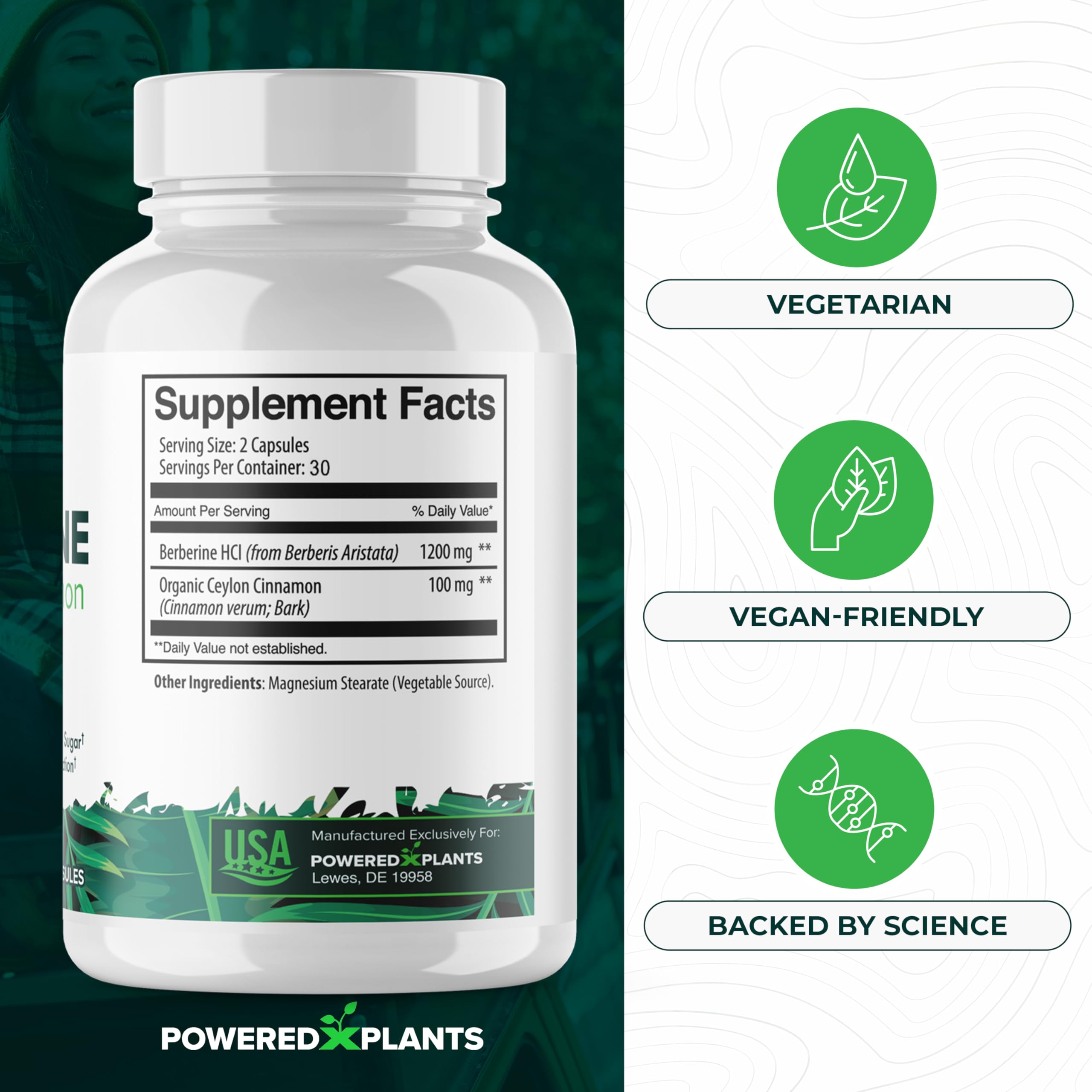 Vegan, non-GMO and gluten-free icons for POWERED X PLANTS Berberine
