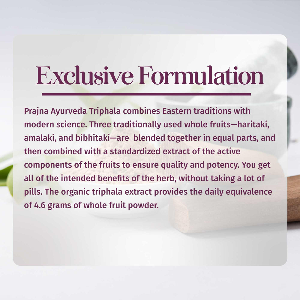 Prajna Triphala packaging with vegan, gluten-free, organic labels