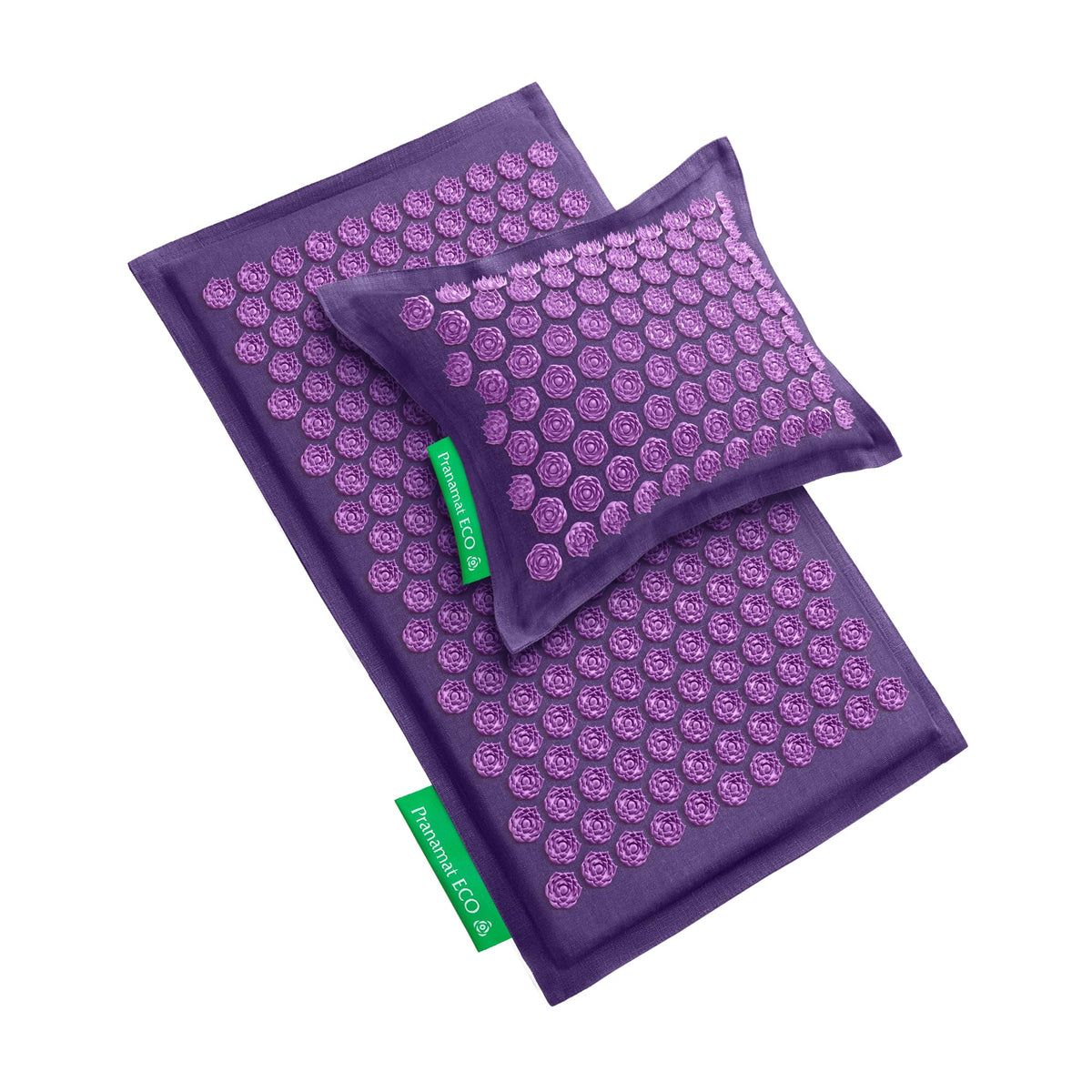 Front view of Pranamat large acupressure mat and pillow set in Lavander