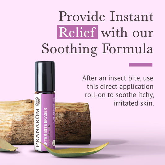Pranarom Bug Bite Eraser Roller applying directly onto bites for fast itching relief