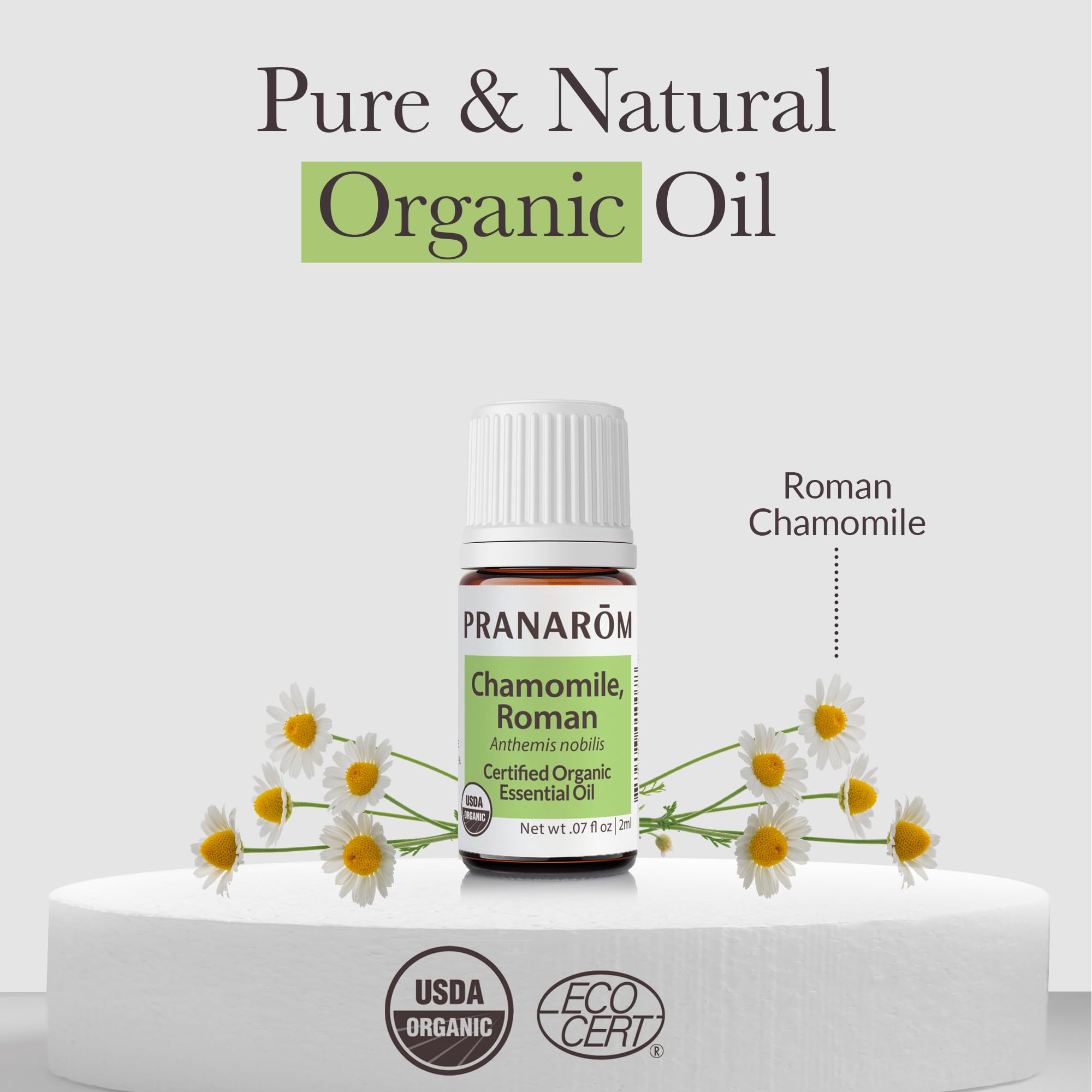 Pranarom Chamomile Roman label details highlighting certified organic purity