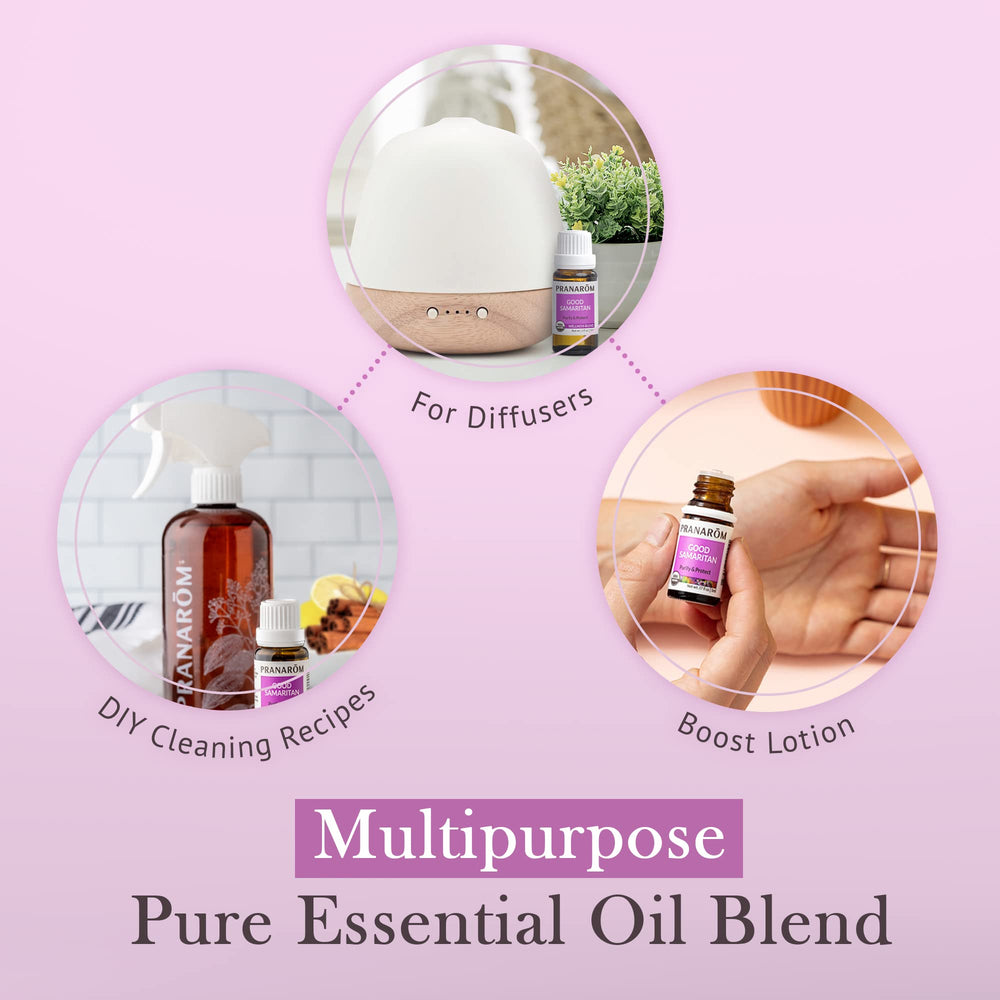 Good Samaritan essential oil bottle beside diffuser and candles