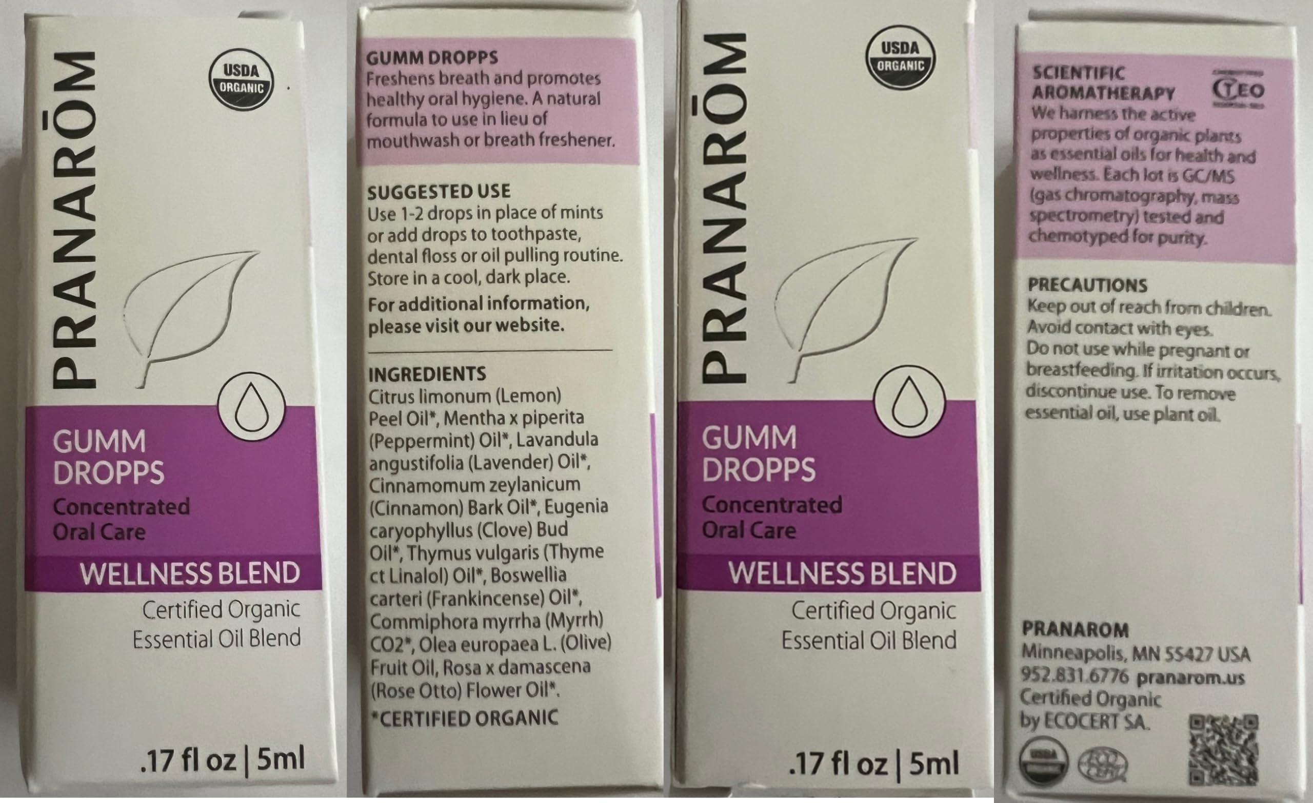 Packaging and 5 ml bottle of Pranarom Gumm Dropps