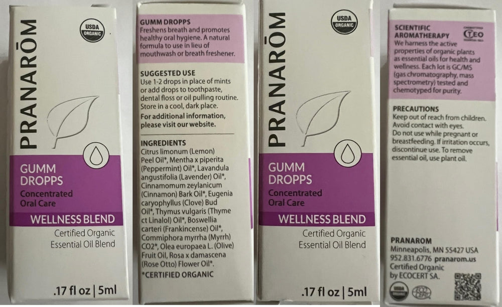 Packaging and 5 ml bottle of Pranarom Gumm Dropps