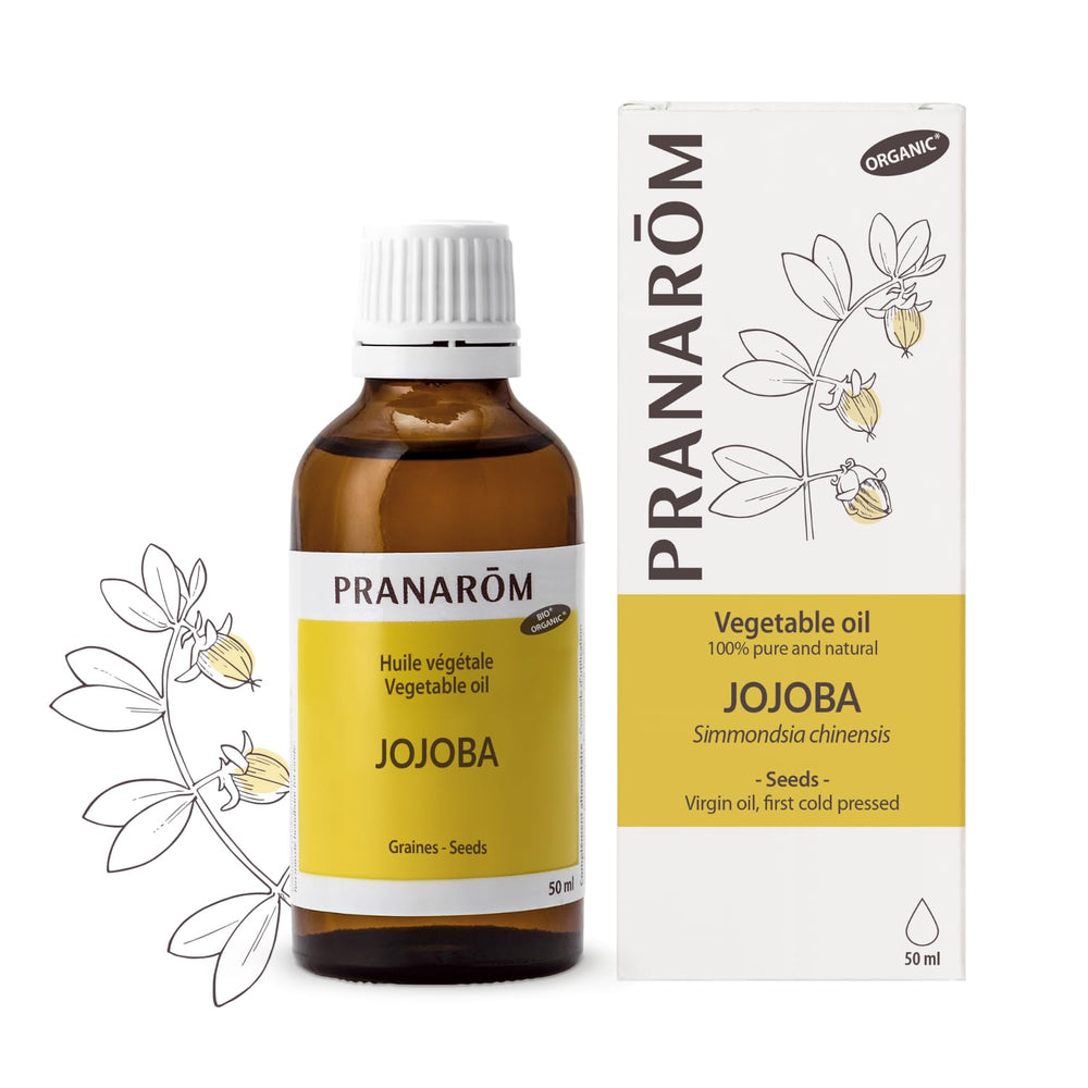 Pranarom Jojoba Virgin Oil amber bottle closeup for purity and UV protection.