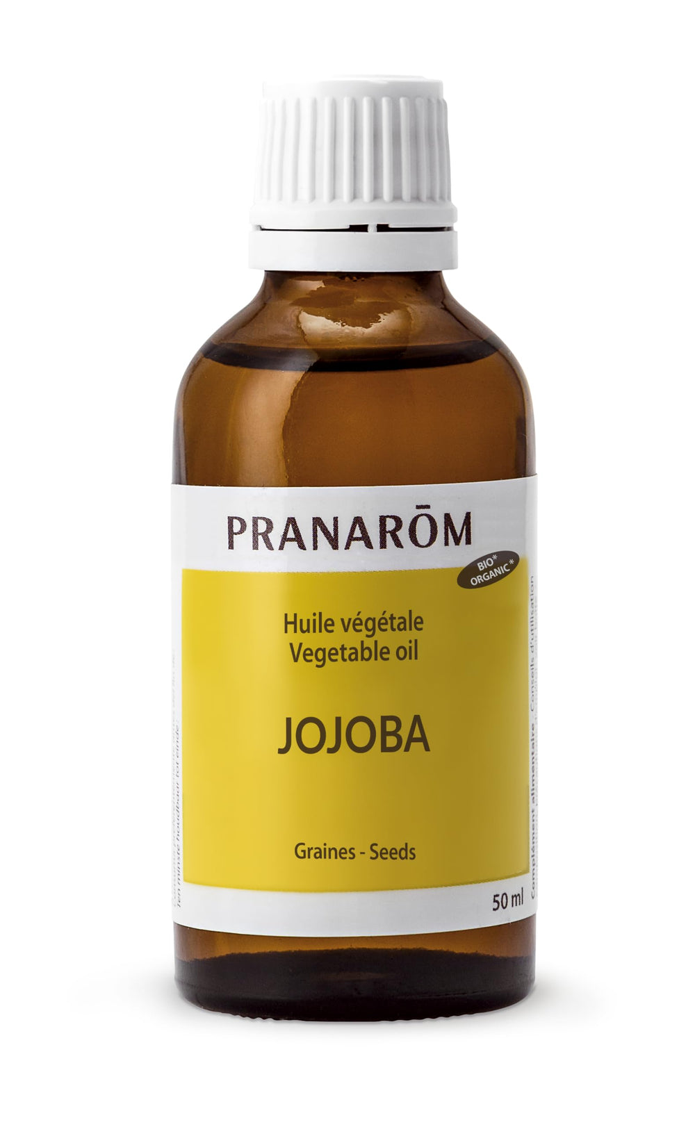Pranarom Jojoba Virgin Oil in amber glass bottle highlights purity and shelf stability.