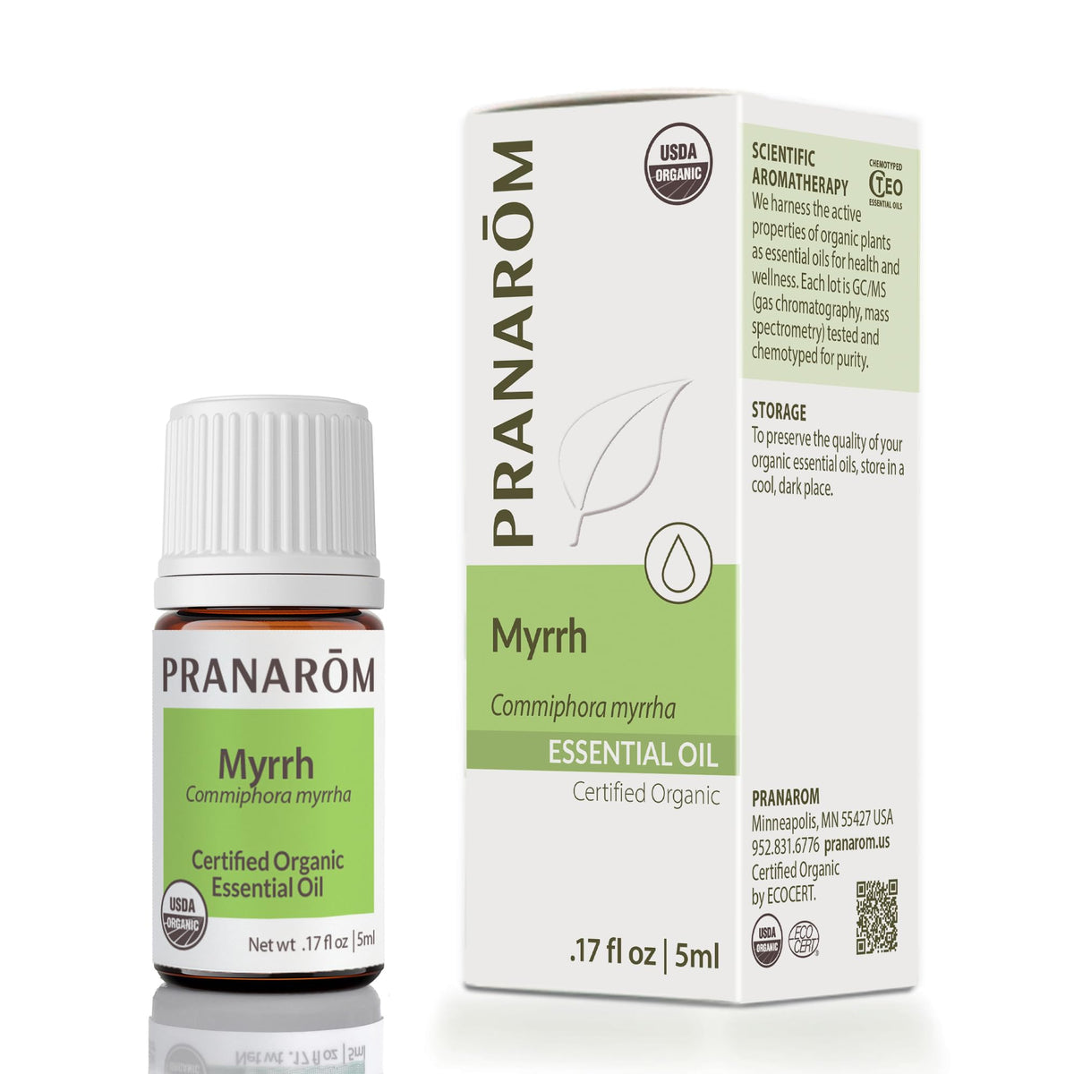 Pranarom Myrrh essential oil bottle for diffusing promotes a calming resinous aroma.