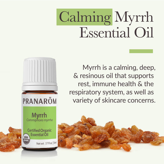 Pranarom Myrrh essential oil bottle used as vapor rub for respiratory comfort.