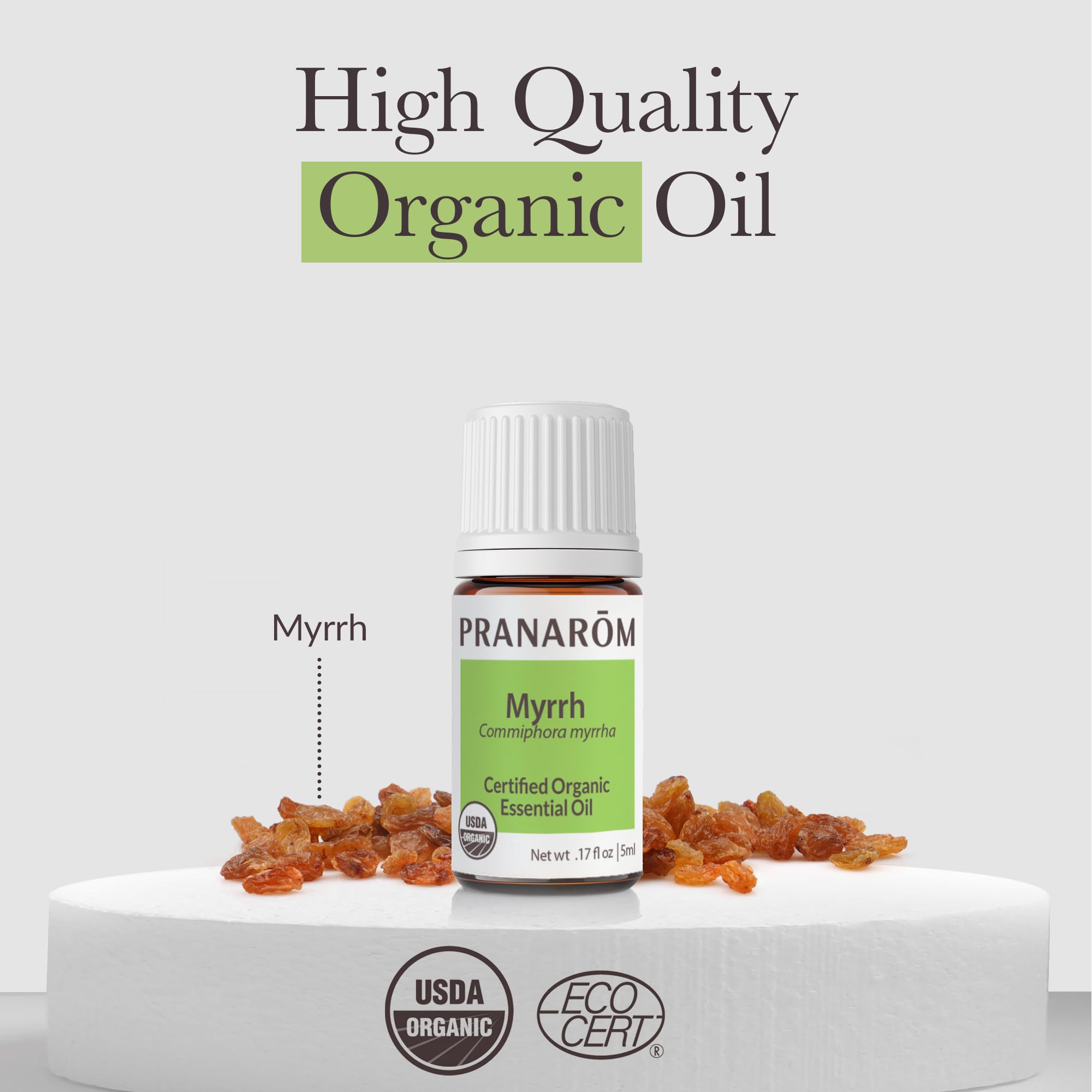 Pranarom Myrrh essential oil bottle showcases ECOCERT and USDA organic certifications.