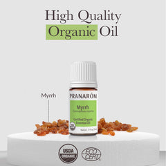 Pranarom Myrrh essential oil bottle showcases ECOCERT and USDA organic certifications.