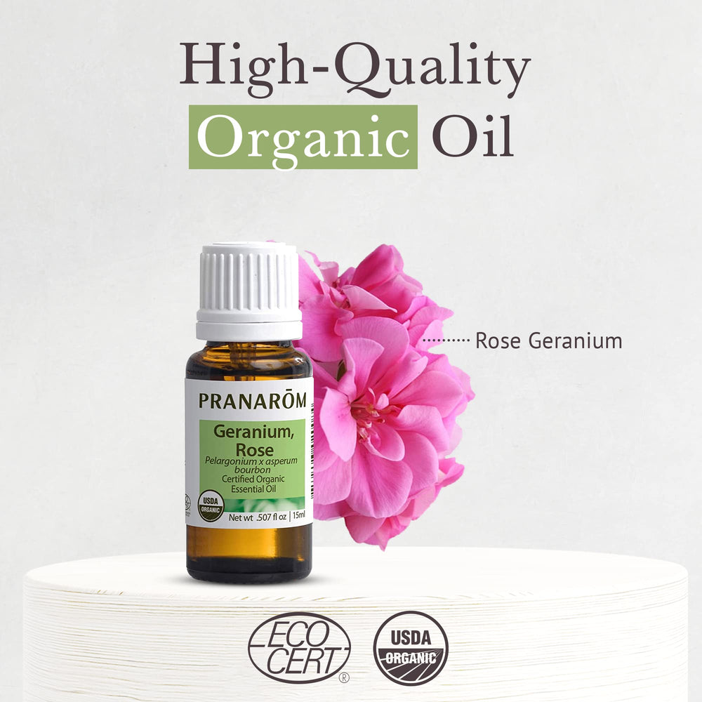 EcoCert and USDA organic certification badges for Pranarom Rose Geranium Oil