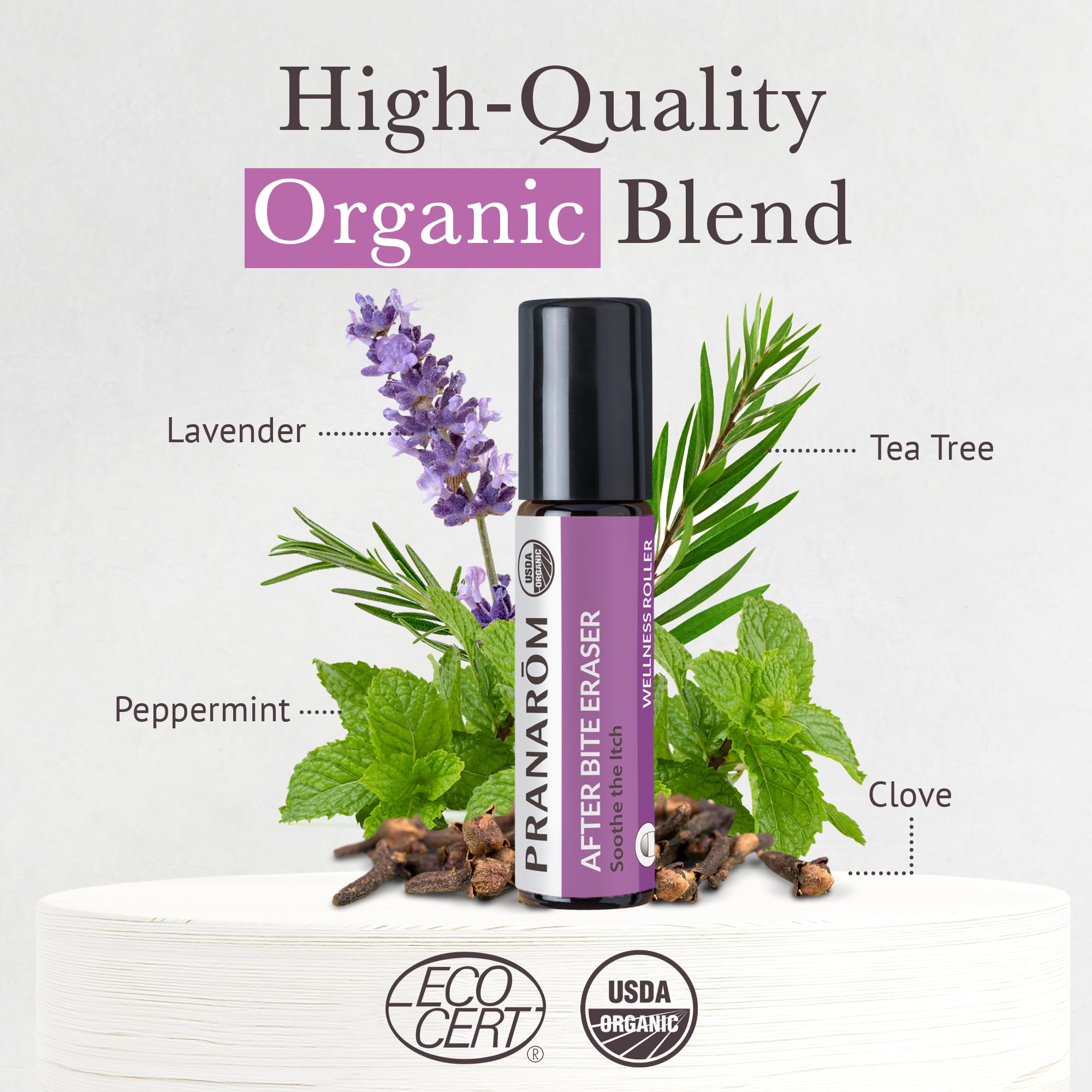 Pranarom Organic Essential Oils label highlighting natural ingredients for skin comfort