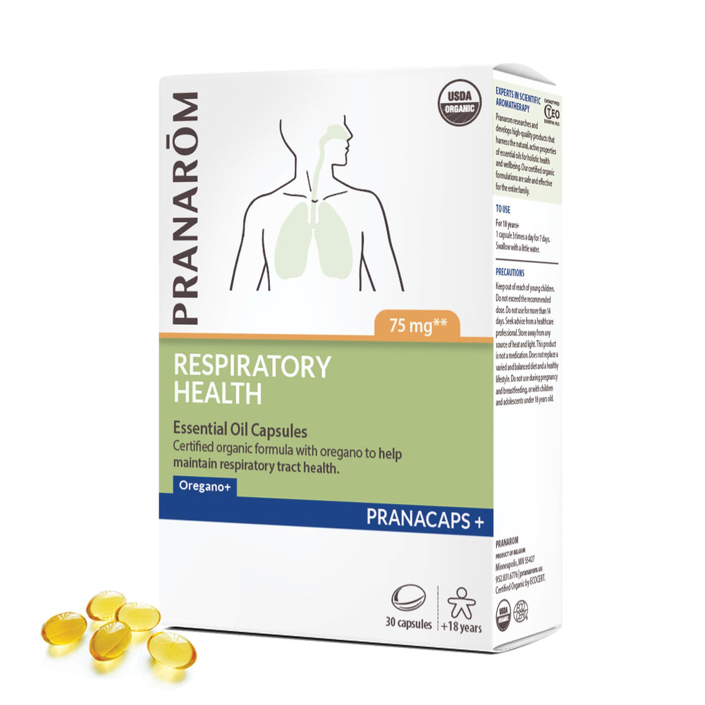 Pranarom Respiratory Health Pranacaps bottle with Oregano and Lemon essential oil