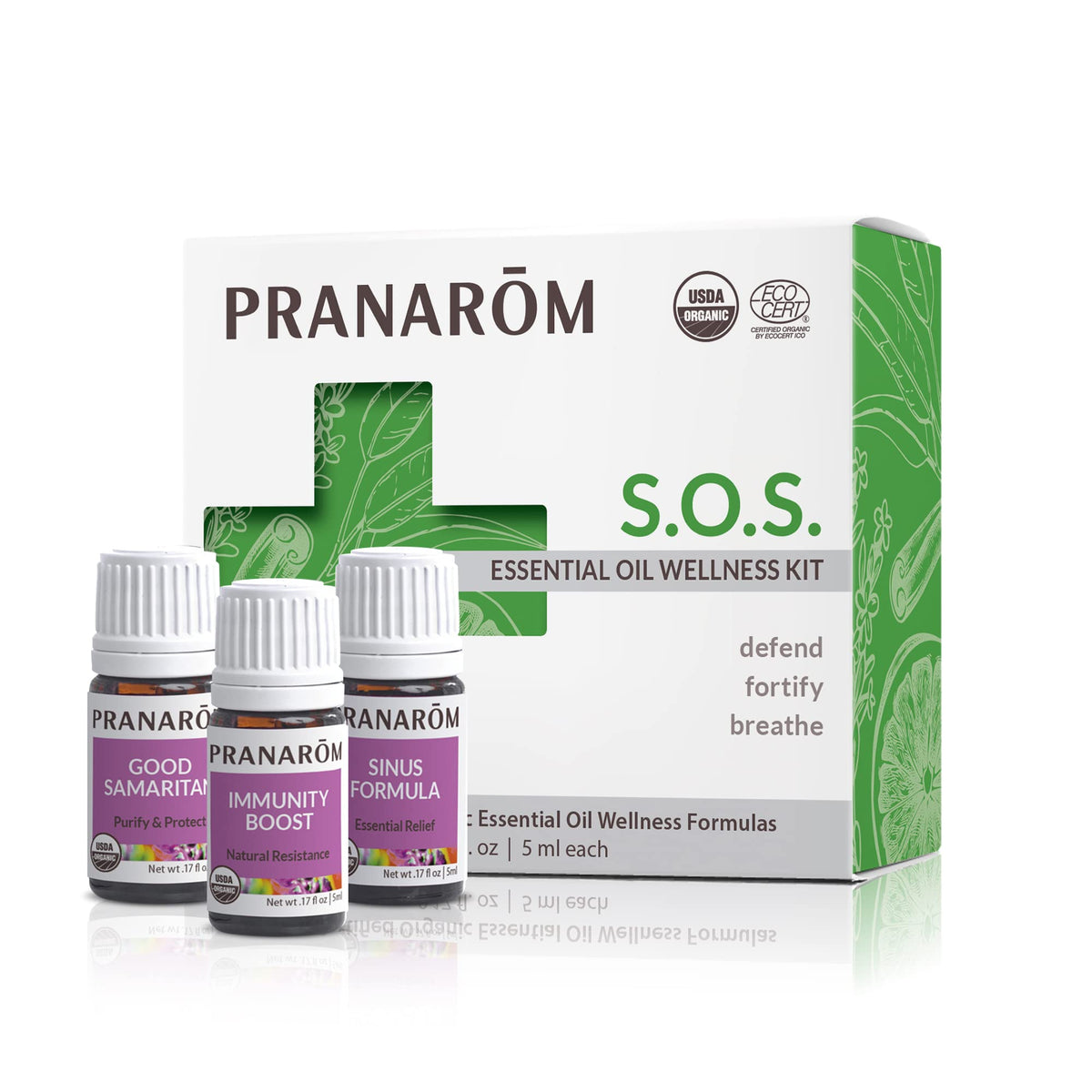 Three 5ml Pranarom S.O.S. Wellness essential oil bottles