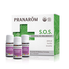 Three 5ml Pranarom S.O.S. Wellness essential oil bottles