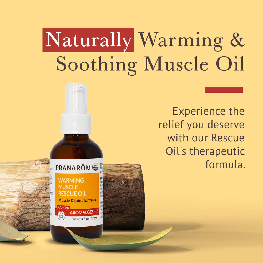 Back view of Pranarom Warming Muscle Rescue Oil 4oz bottle