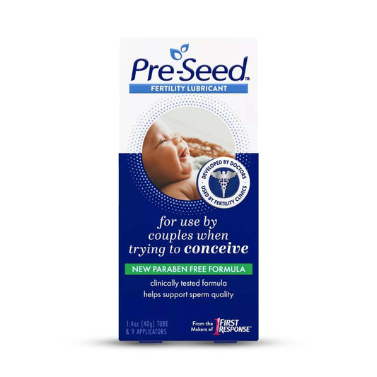 Pre-Seed lubricant tube 40g shown with packaging for conceiving-friendly moisture.