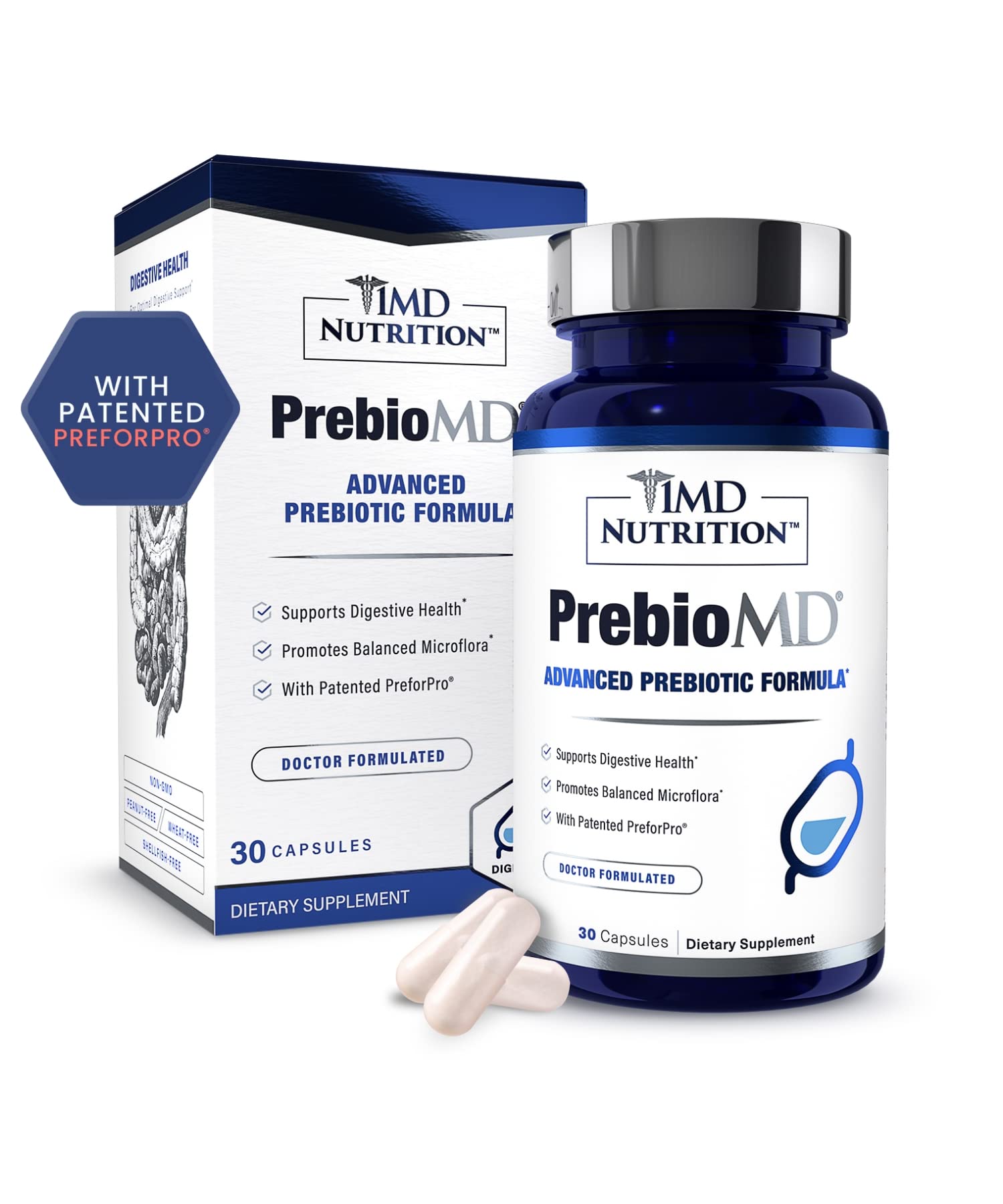 PreBioMD bottle with label on white background