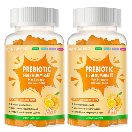 Front view of orange flavored prebiotic fiber gummies 2-pack box