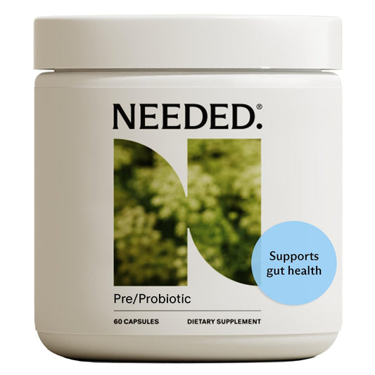 Bottle of prebiotic and probiotic capsules for prenatal through postpartum support.