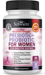 Bottle of prebiotics and probiotics for women with Black Cohosh and Red Clover