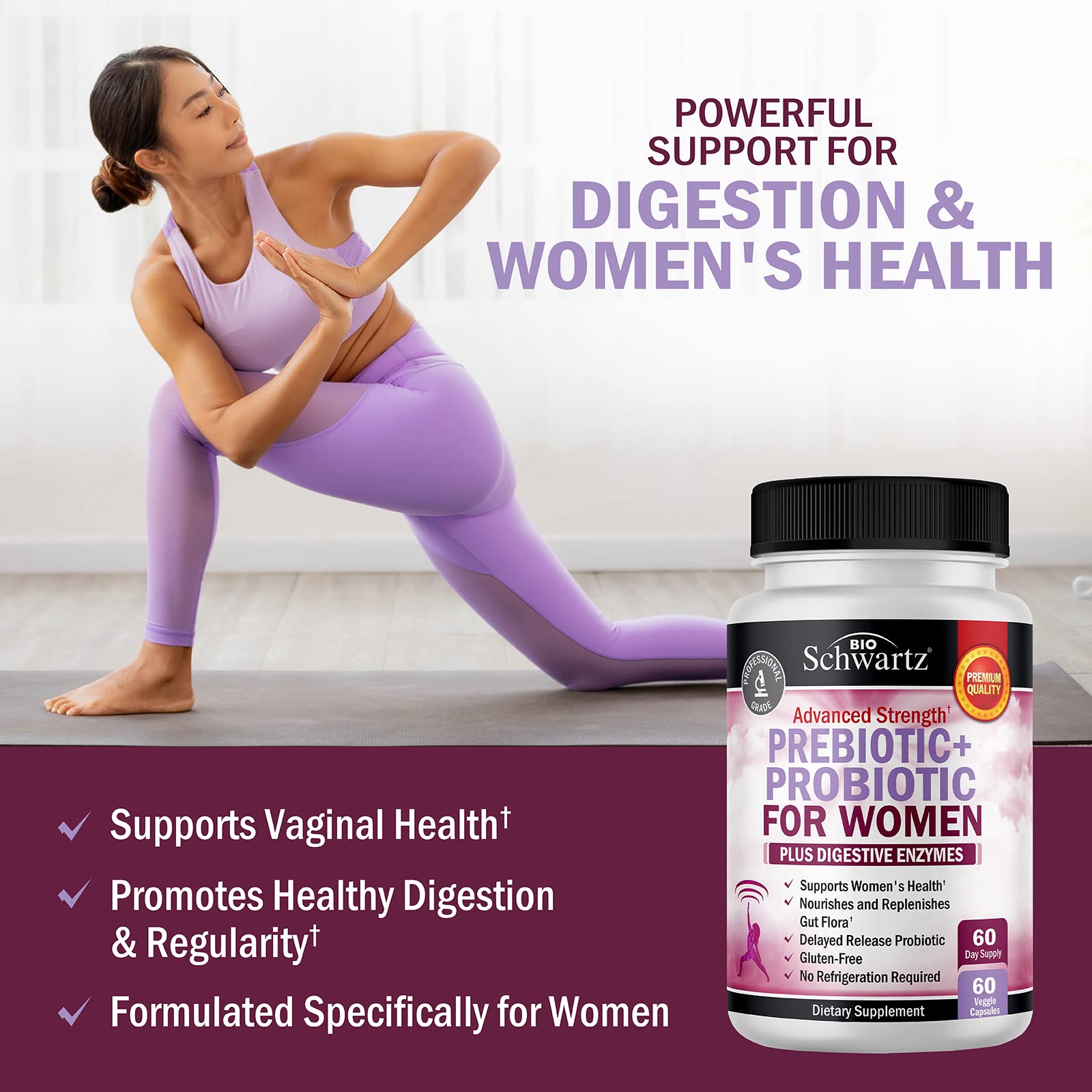 Close-up of probiotic capsule bottle with cranberry extract and D-mannose