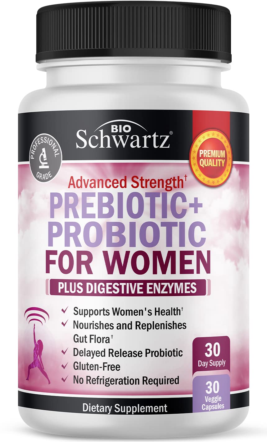 Bottle of Prebiotics and Probiotics for Women on white background