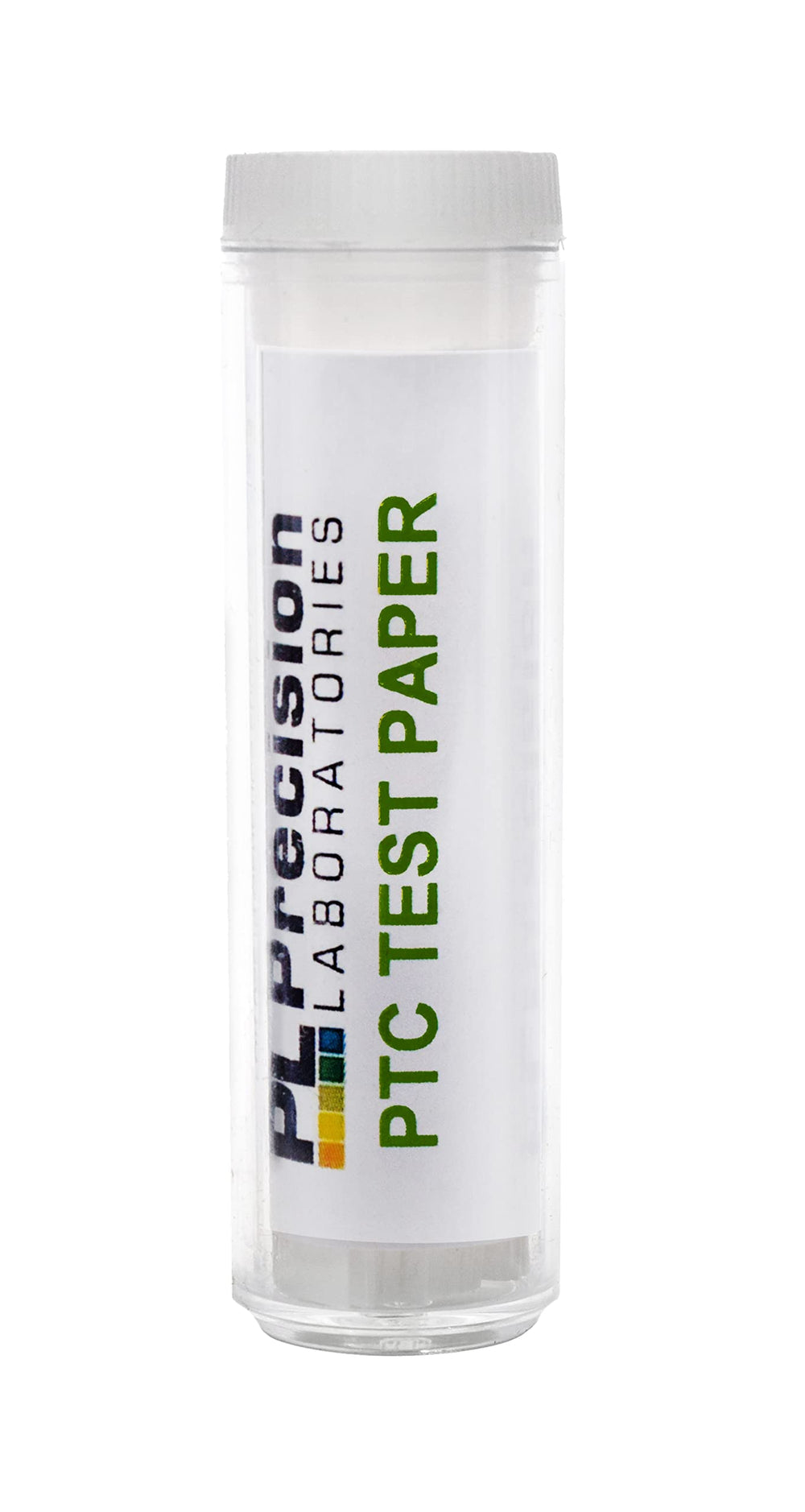 Close-up of PTC strips and vial showing 100 test papers for genetics demonstration.