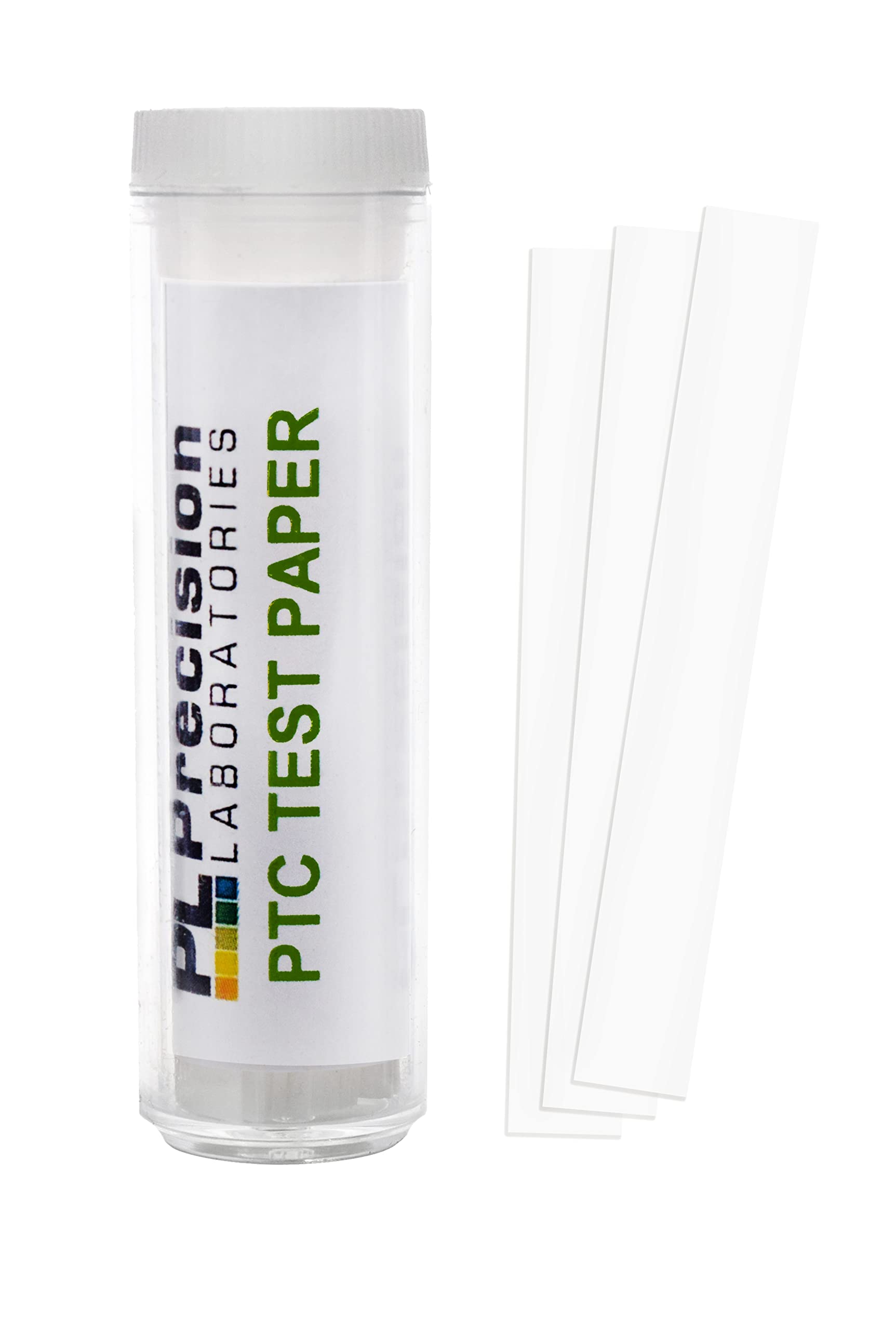 PTC taste test strips in a vial for a super taster test (6 mm x 48 mm, 30 µg per strip).