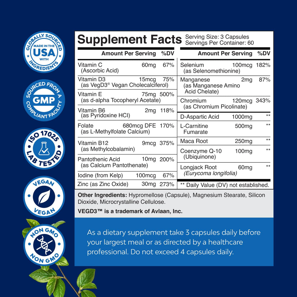 Close-up of ingredient list featuring CoQ10, Maca Root and D-Aspartic Acid