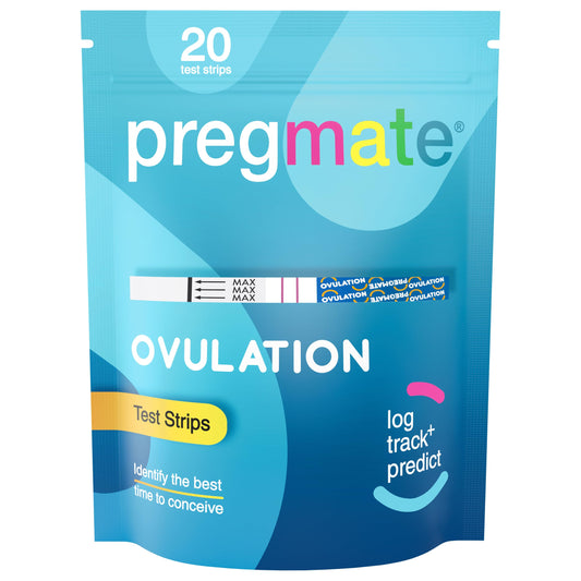 Pregmate 20-count ovulation test strips box and components
