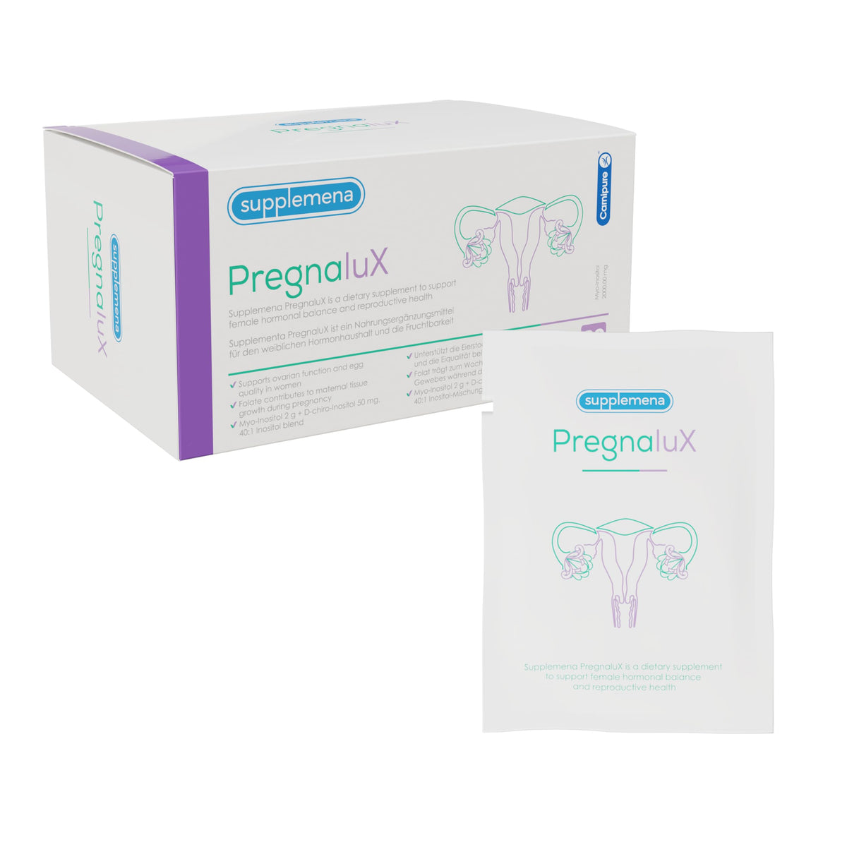 PregnaluX fertility support box and sachets on a white background