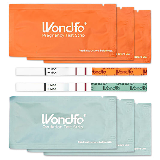 Kit box showing 20 LH ovulation strips and 5 hCG pregnancy strips