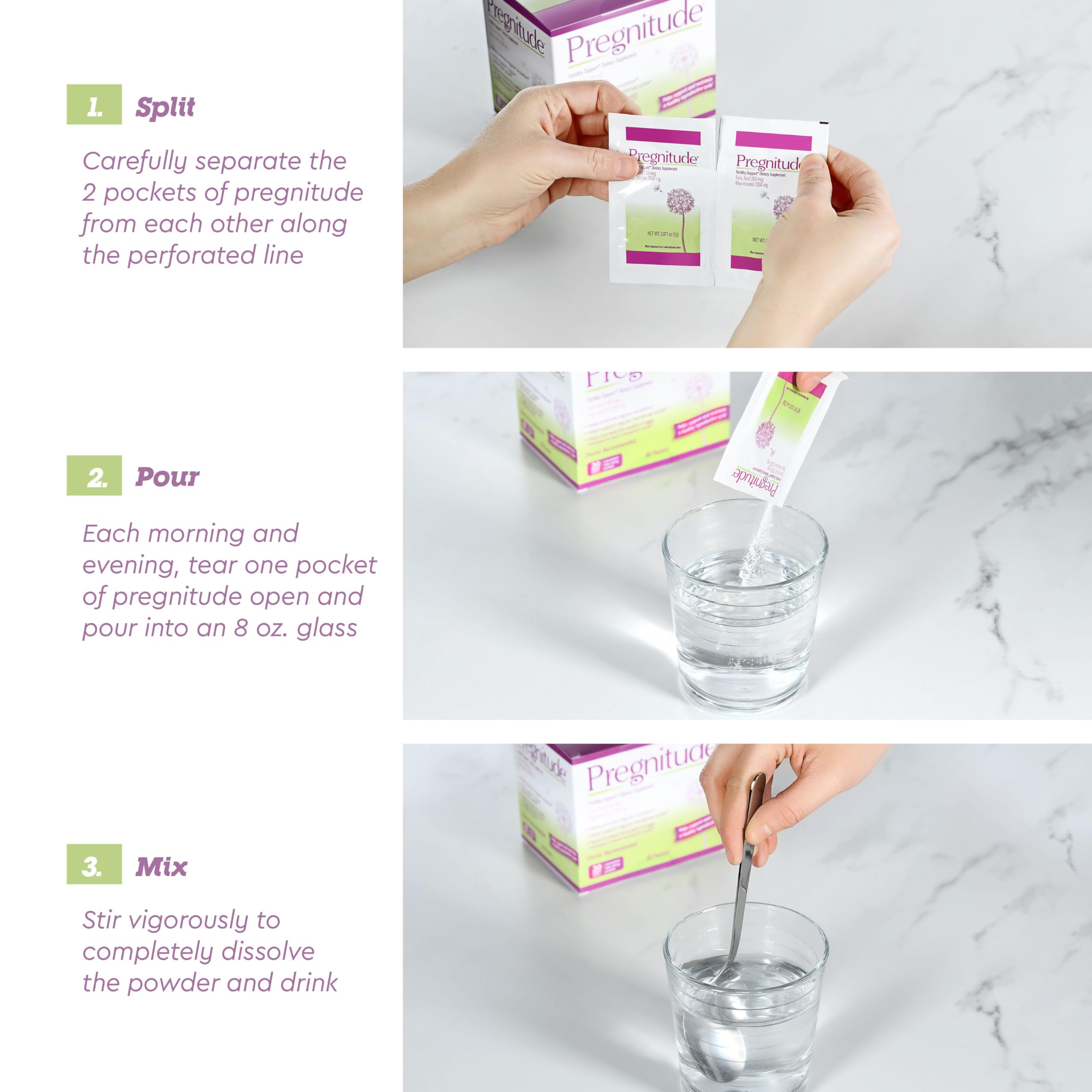 Close-up of individual Pregnitude packets